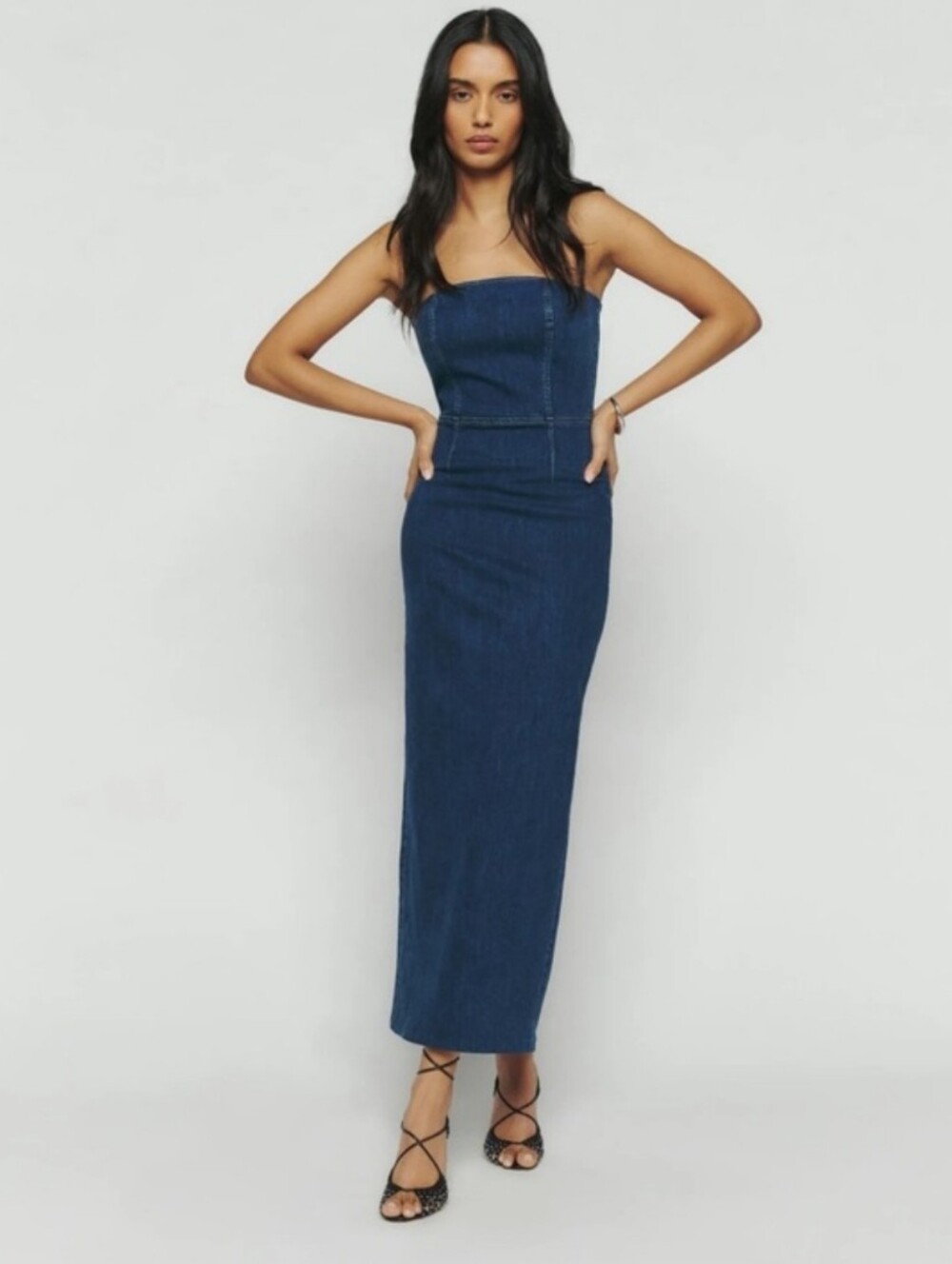 Reformation Eugenia Denim Midi Dress size 0 in blue denim Strapless Tube